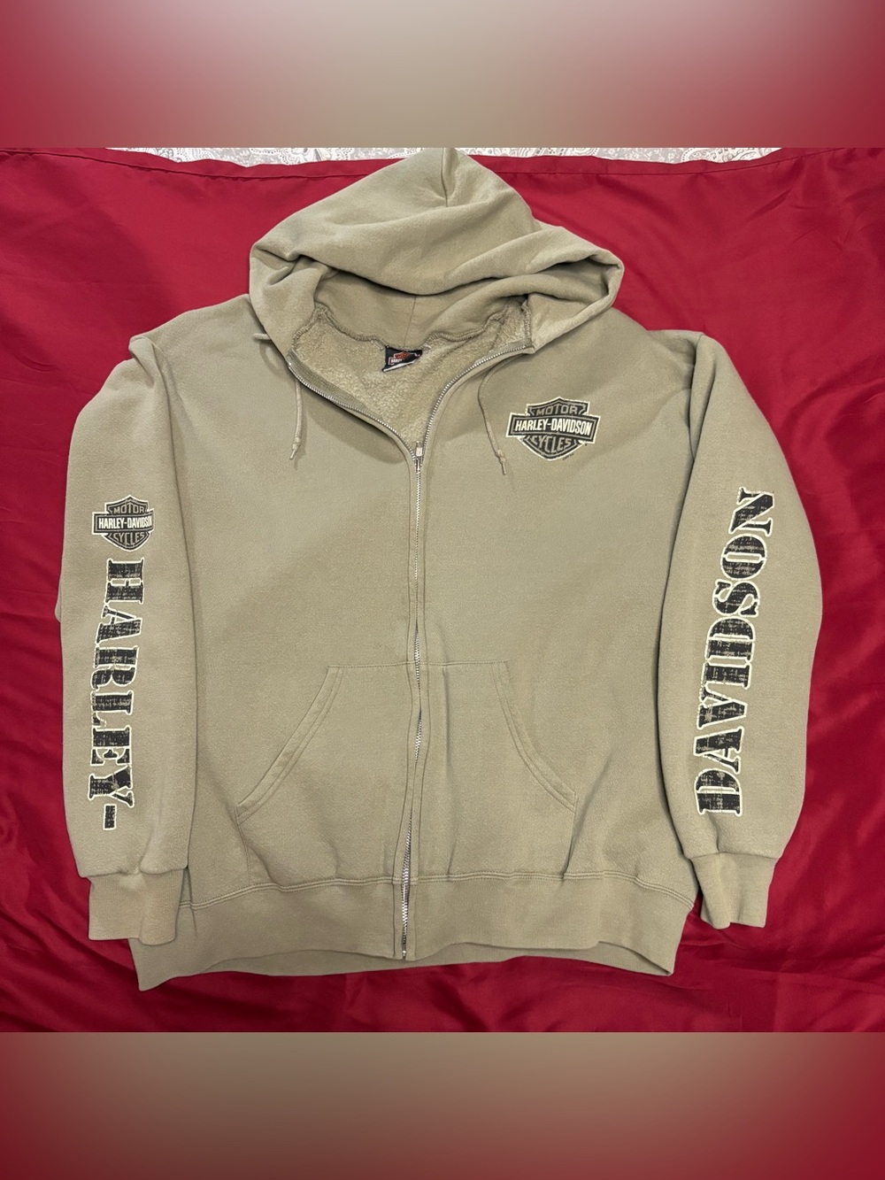 Harley-Davidson Olive Green Zip Front Crewneck Hoodie with Sleeve Logos
